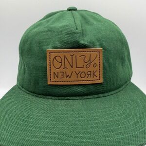 Only‎ NY Mens Green Canvas Snapback Hat Leather Logo Patch Flat Brim Cap NWOT